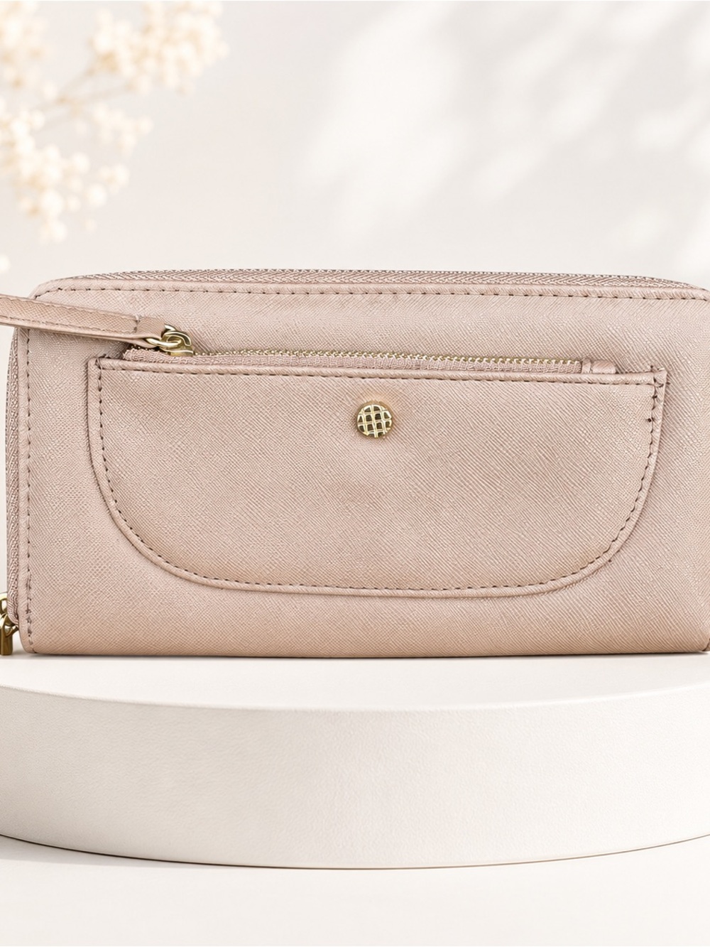 Taupe Beige Zip Around Wallet Gold Tone Multi Pocket Organizer